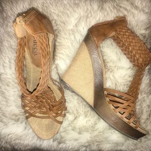 Woven faux leather wedges